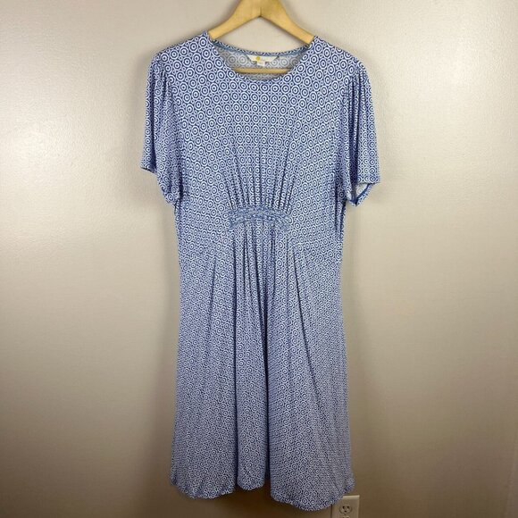 Boden Crew Neck Jersey Dress Size 12 Bluebell Geo Blooms Work Teacher Blue - Picture 1 of 8